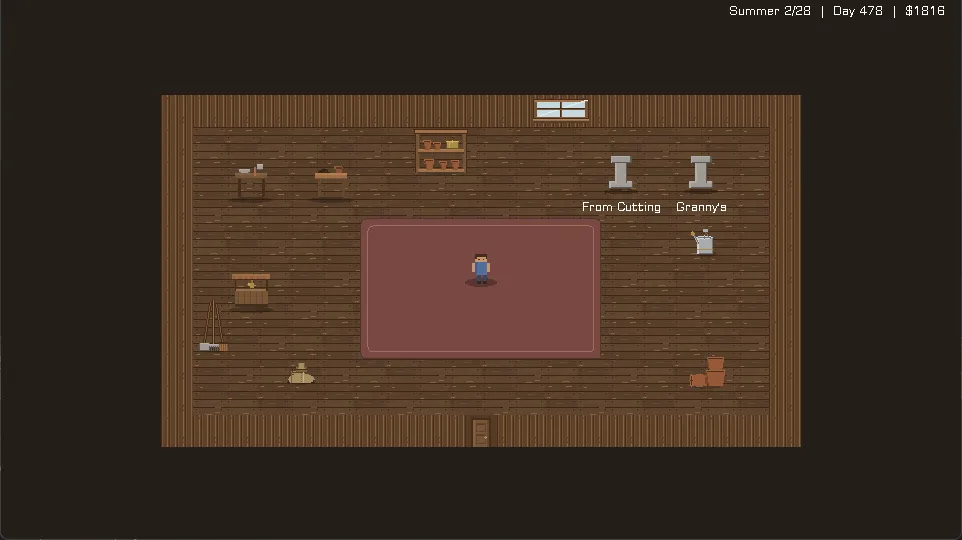 The shed after: a tiled floor, real walls, a proper character sprite and decor — same room, real pixel art
