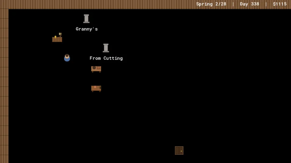The shed before the art pass: a flat dark floor, the player still a blue blob, props drawn from primitives