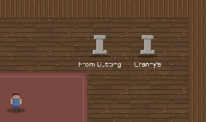 The pedestal labels mangled by sub-pixel scaling (draw_text_transformed at 0.8x): "From Cutting" and "Granny's" come back as broken, fused, half-missing pixels