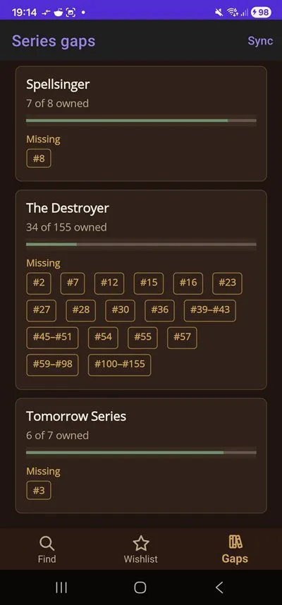 Bookshelf's redesigned Gaps tab on Android: per-series progress bars and "missing volume" pills — The Destroyer reads "34 of 155 owned" with a wall of missing-number chips — over the leather/brass/parchment palette, and the three bottom tabs (Find, Wishlist, Gaps) that replaced the old hub-and-spoke menu.
