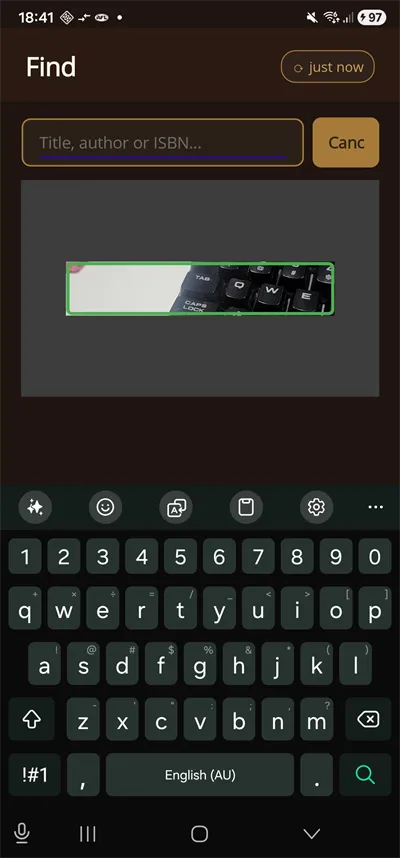 The Find tab with the inline scanner working: a search box up top, a live camera strip with a green reticle scanning a barcode, and — to the right of the search field — the cancel button clipped by its fixed width to read "Canc." The camera is finally a strip pinned to a fixed slot, not a surface filling the screen.