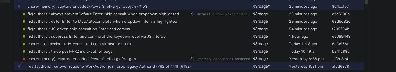 Six fix(authors) commits clustered together within an hour, all post-merge, plus a feat(authors): cutover reads to WorkAuthor join commit underneath them.