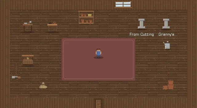 The shed as a room: walls inset, a rug down, actors scaled up, decor in the corners