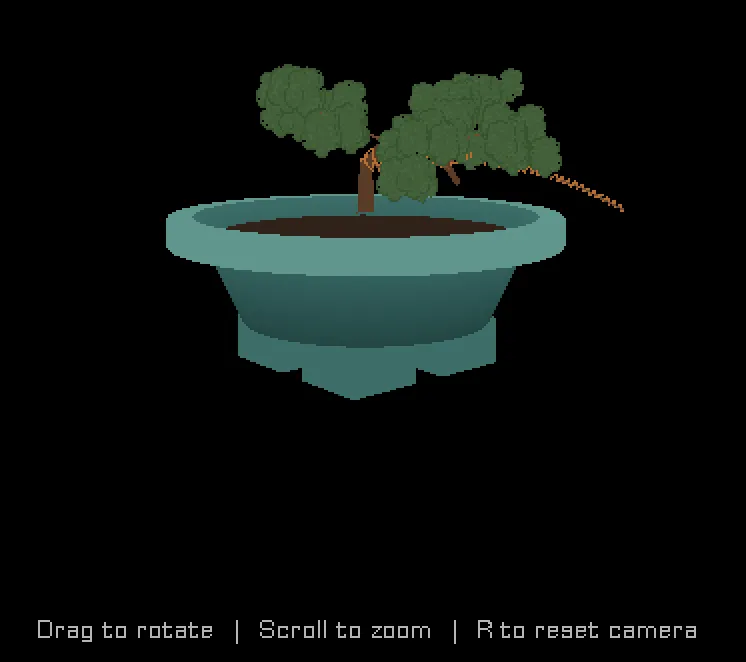 The 3D viewer: a generated tree mesh you can orbit, zoom, and click branch-by-branch to wire or prune
